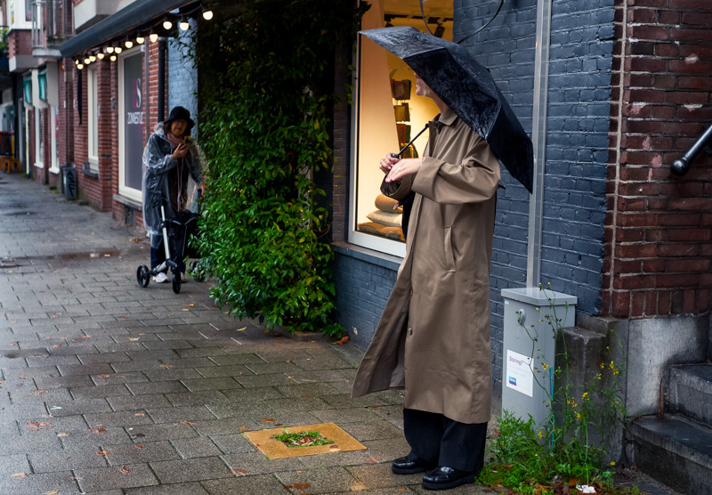 Rainy day umbrella patterns and pavement reflections